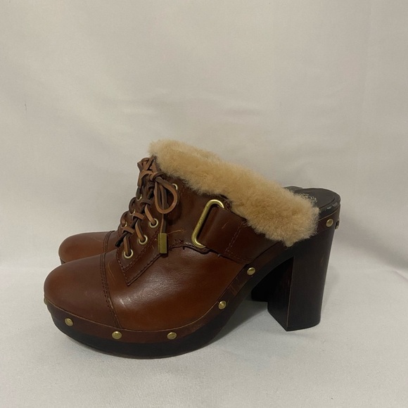 Vince Camuto EUC fur lined block heel leather lace up clogs size 8.5 - Picture 1 of 7